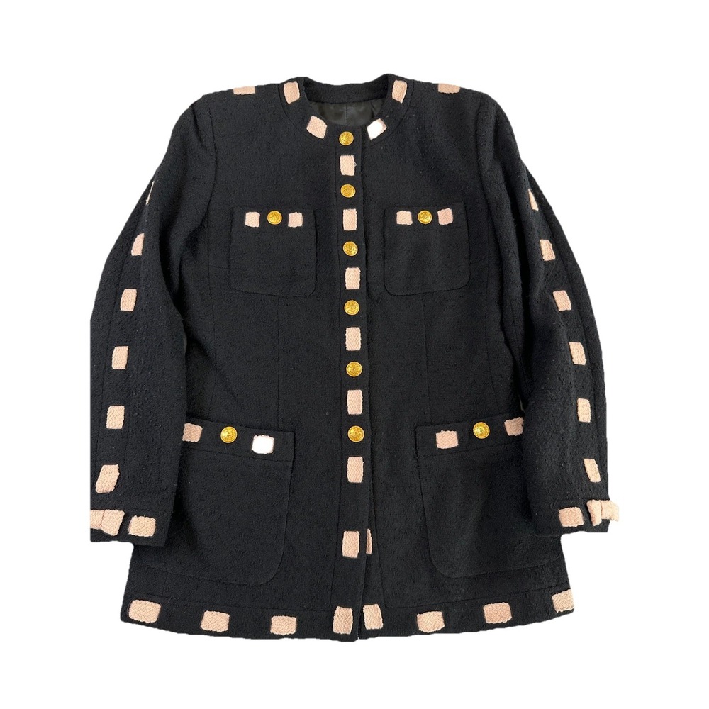 Vtg Rena Lange‎ Black Pink Tweed Boucle Jacket Fringe Trim Sz S Wool